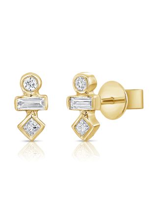 .21CT PRINCESS SHAPE, BAGUETTES AND ROUND DIAMOND BEZEL STUD EARRINGS