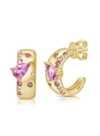 1.41CT PINK SAPPHIRE AND DIAMOND CONFETTI CAGE HUGGIE EARRINGS