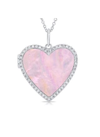 3.29CT PINK MOTHER OF PEARL AND DIAMOND HEART LOCKET NECKLACE