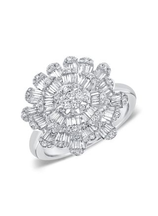 .98CT BAGUETTES AND ROUND DIAMOND FLOWER COCKTAIL RING